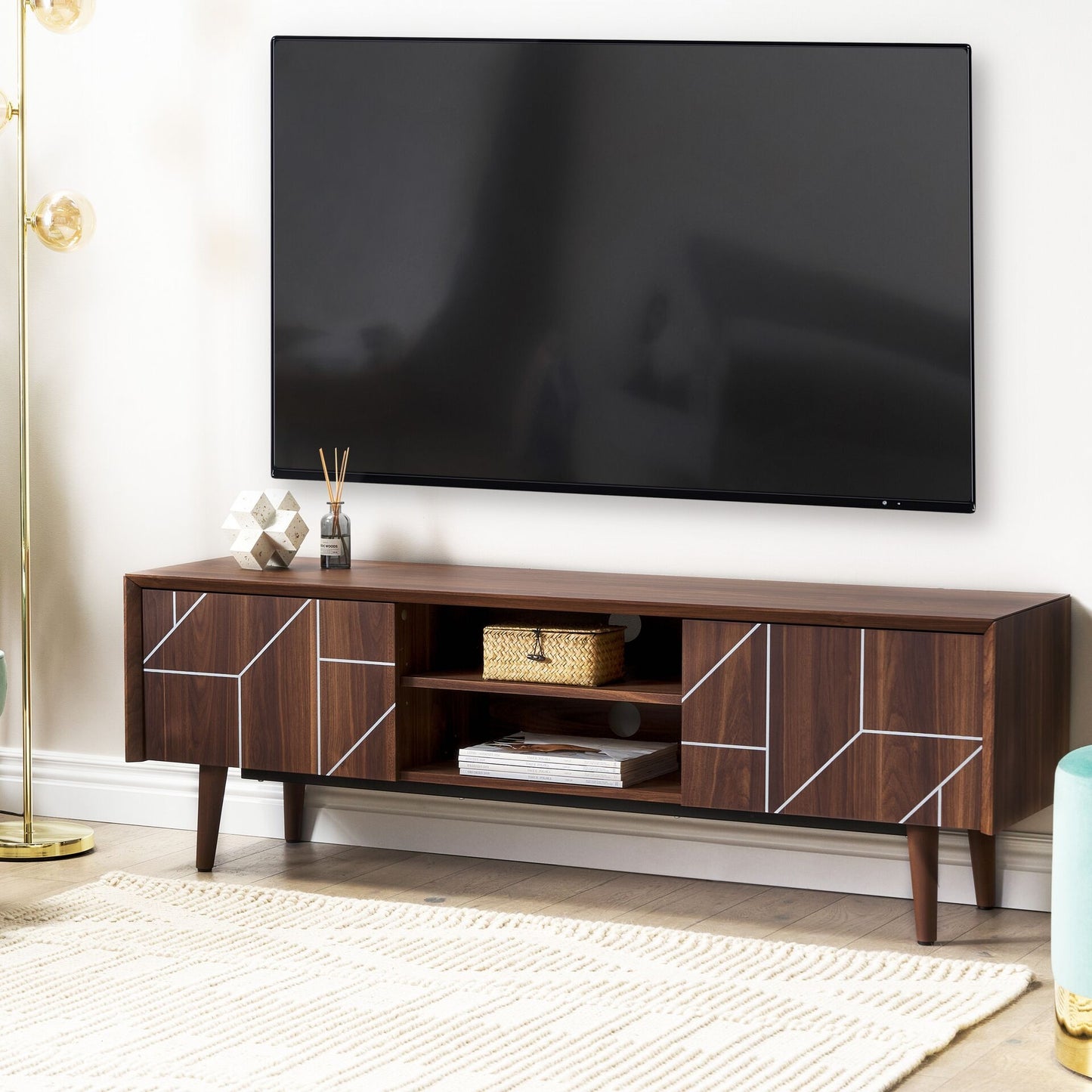 Dark Brown TV Stand For 70 Inch TVs With 2 Cabinets