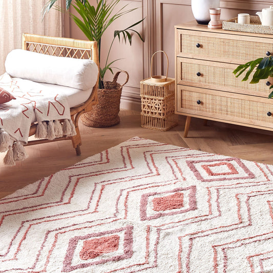 Cotton Geometric Shag Area Rug Beige Pink 160 x 230cm