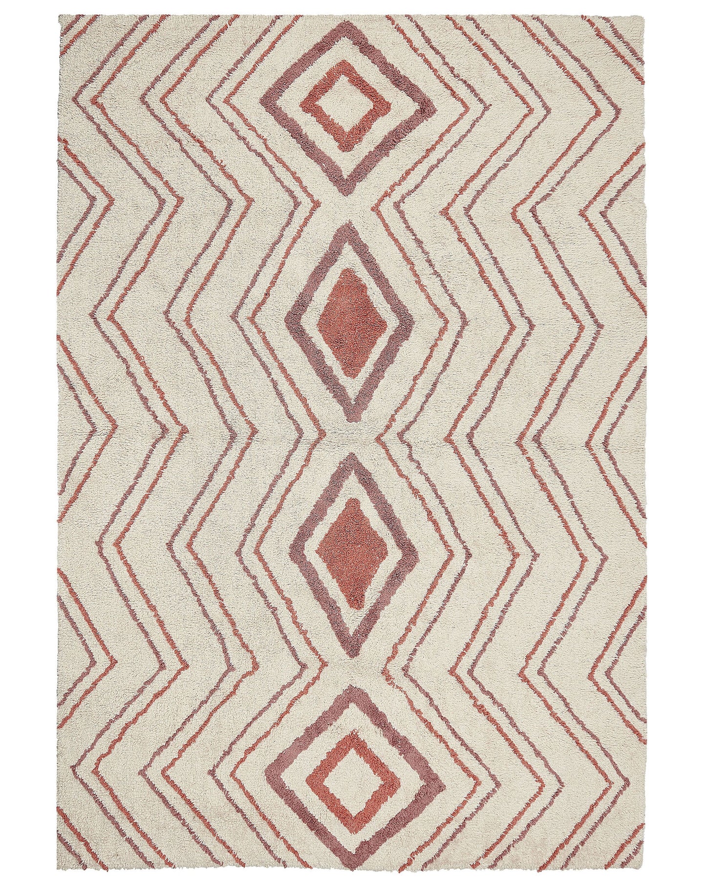 Cotton Geometric Shag Area Rug Beige Pink 160 x 230cm