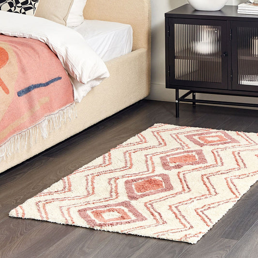Geometric Hand Tufted Cotton Area Rug 80 x 150cm Beige Pink Shaggy Boho Living Room