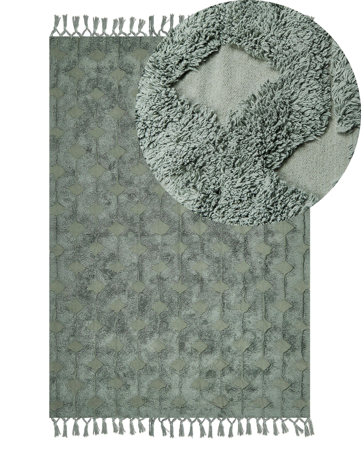 Green Cotton Area Rug Hand Tufted 140 x 200 Geometric Tassels