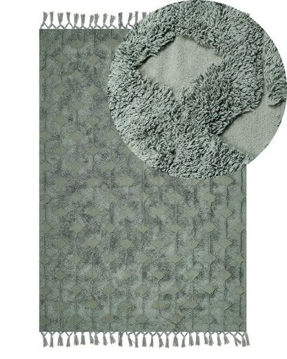Green Cotton Area Rug Hand Tufted 140 x 200 Geometric Tassels
