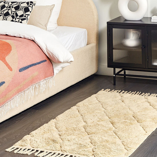 Moroccan Beige Cotton Hand Tufted Area Rug 80 x 150cm Tassels
