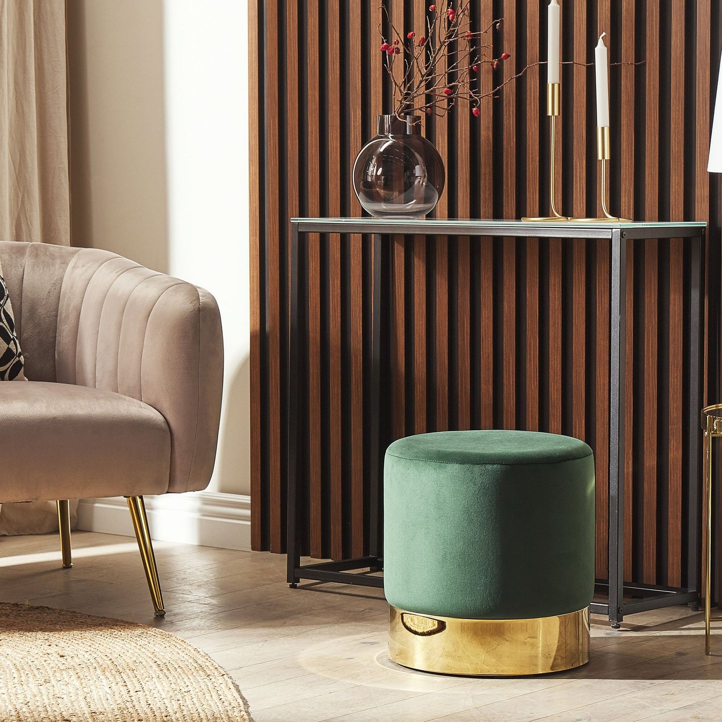 Velvet Footstool Dark Green Round Gold Accents
