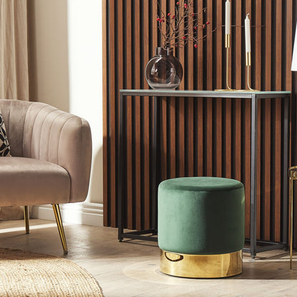 Velvet Footstool Dark Green Round Gold Accents