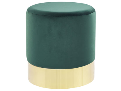 Velvet Footstool Dark Green Round Gold Accents