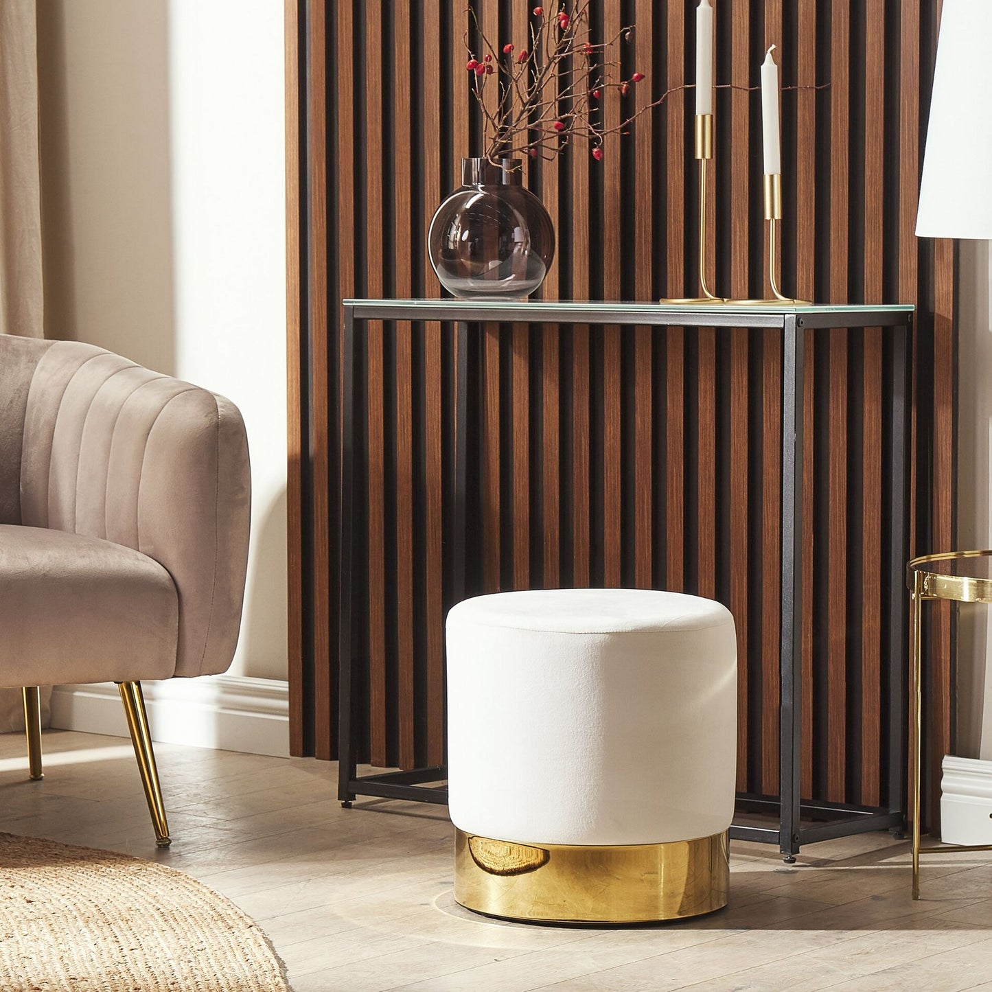 Velvet Footstool White Round Pouffe With Gold Trim