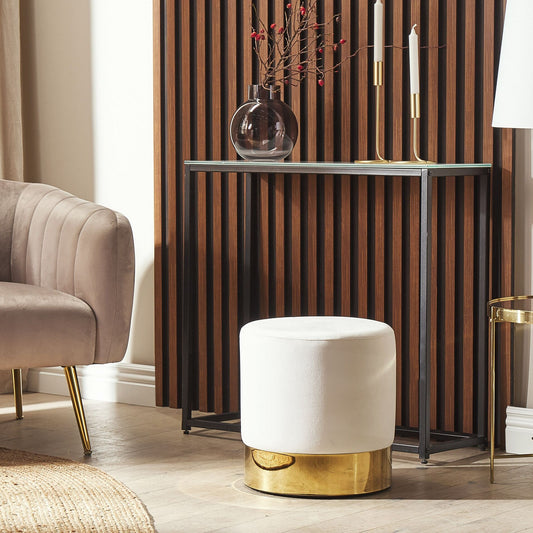 Velvet Footstool White Round Pouffe With Gold Trim