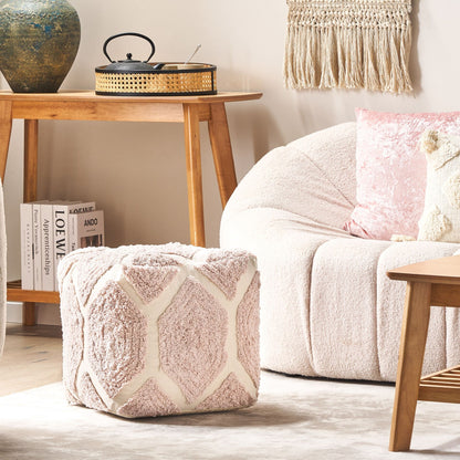 Pouffe Beige Pink Cotton Geometric Knitted Pattern Decorative Seat Boho Style Living Room Bedroom