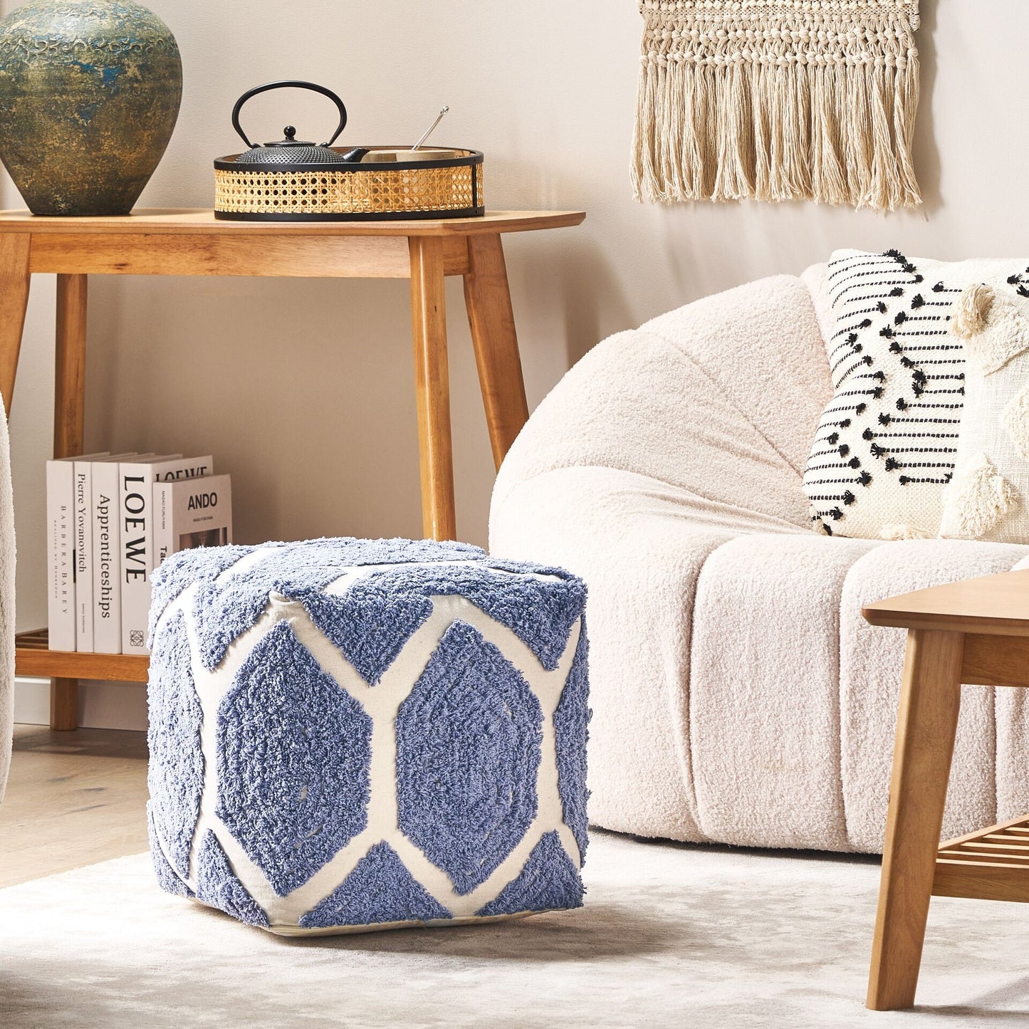 Pouffe Beige And Blue Cotton Geometric Knitted Pattern Seat