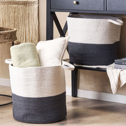 Set Of 2 Black And White Woven Cotton Storage Baskets For Laundry And Home Organization