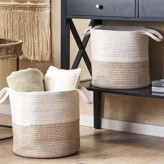 Cotton Woven Storage Baskets Set Of 2 Beige White