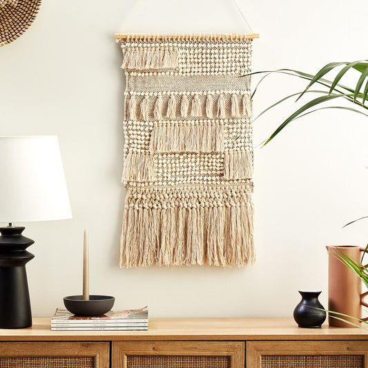 Handwoven Beige Cotton Wall Hanging with Tassels