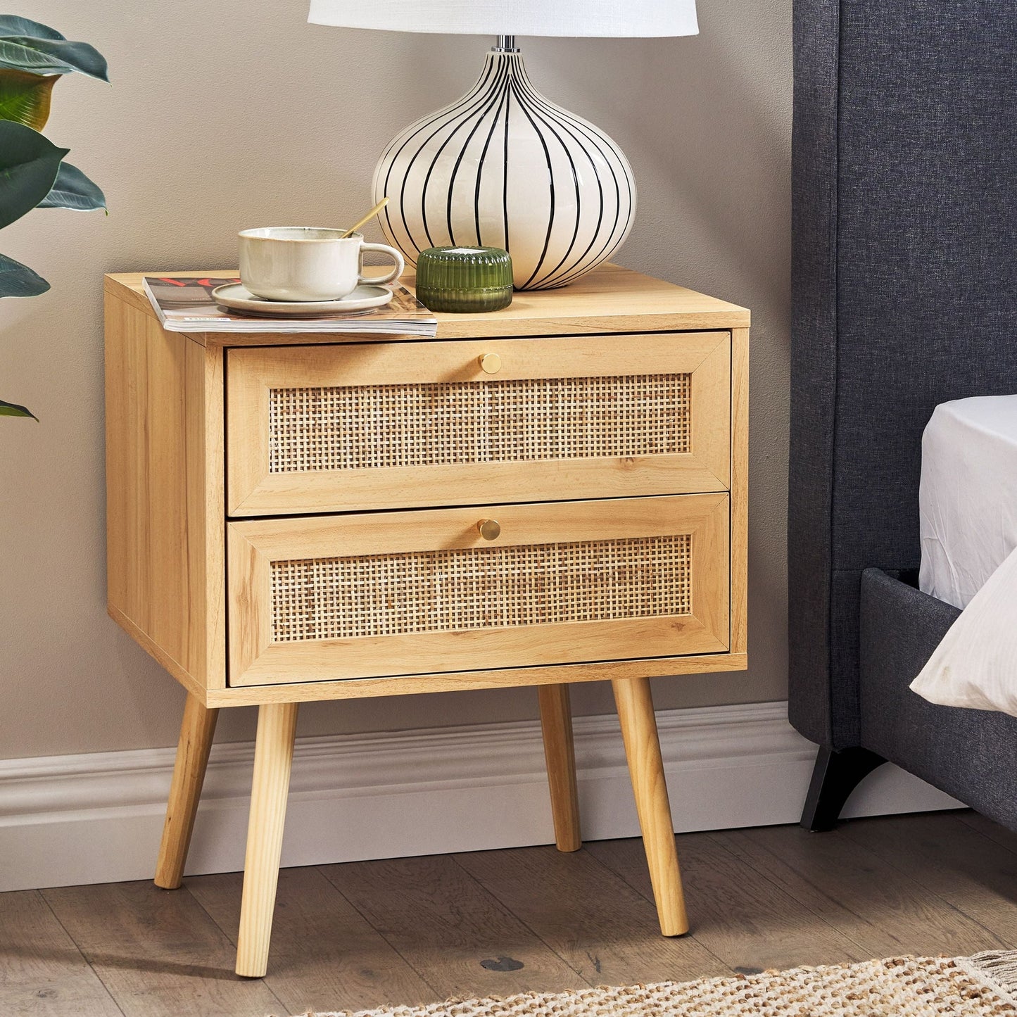Bedsie Two Drawer Bedside Table in Light Brown Manufactured Wood with Rattan Front Boho Style