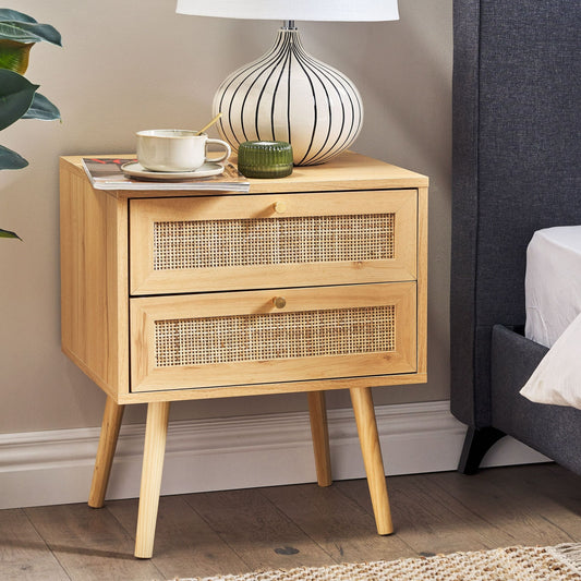 Bedsie Two Drawer Bedside Table in Light Brown Manufactured Wood with Rattan Front Boho Style