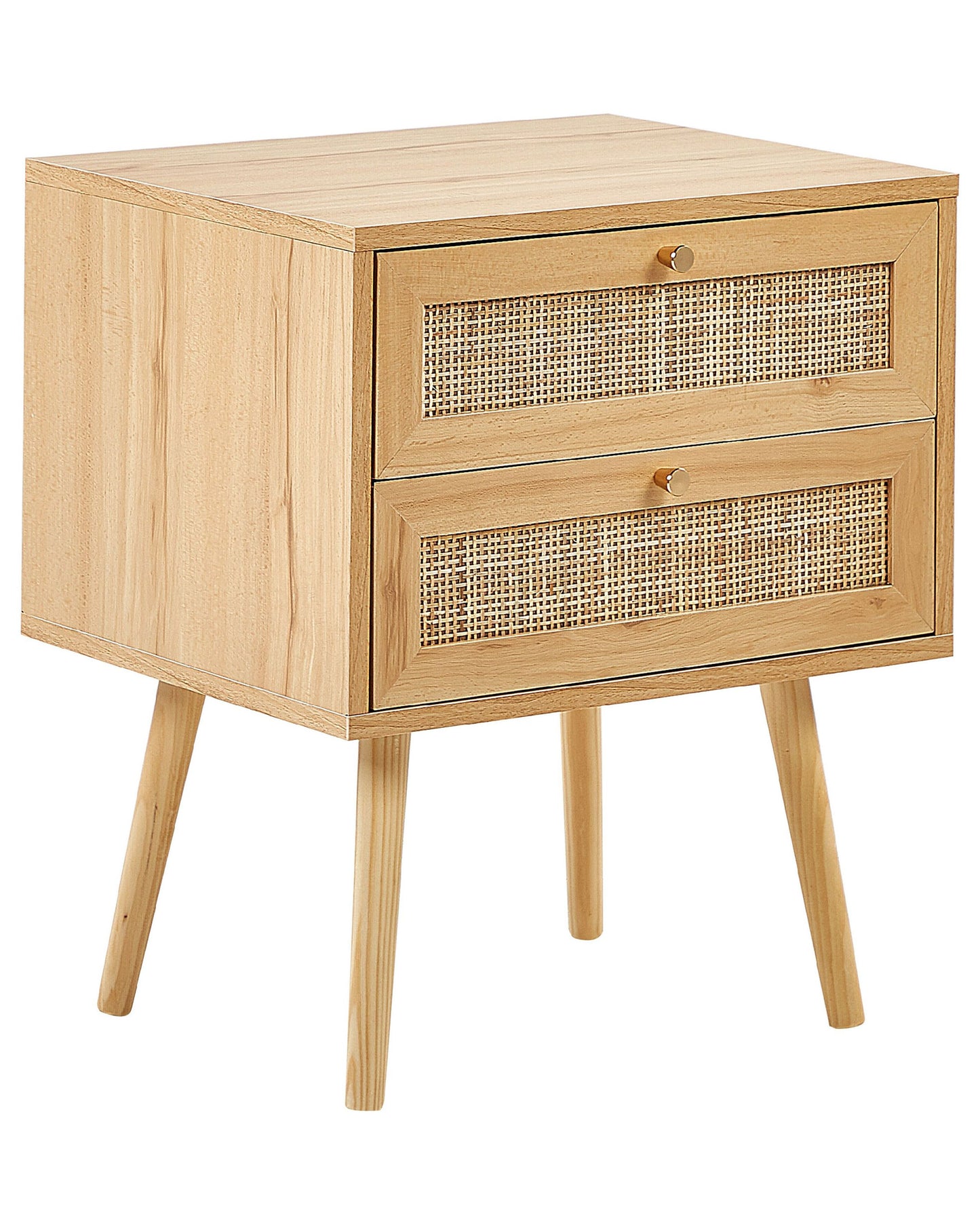 Bedsie Two Drawer Bedside Table in Light Brown Manufactured Wood with Rattan Front Boho Style