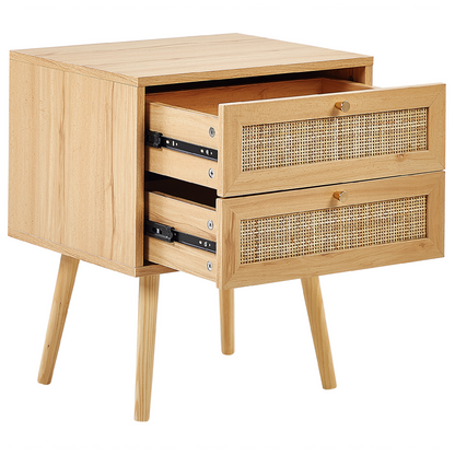 Bedsie Two Drawer Bedside Table in Light Brown Manufactured Wood with Rattan Front Boho Style