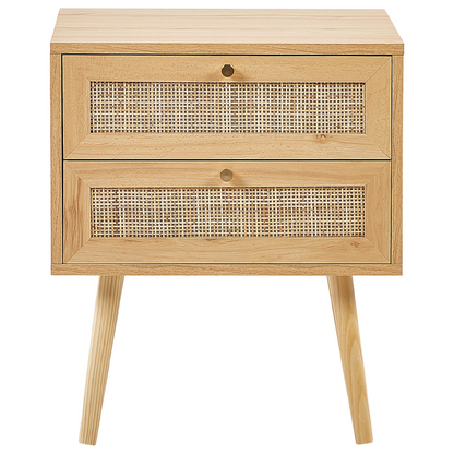 Bedsie Two Drawer Bedside Table in Light Brown Manufactured Wood with Rattan Front Boho Style