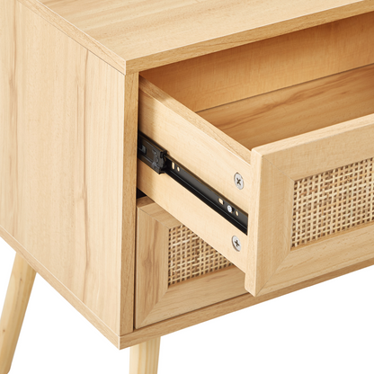 Bedsie Two Drawer Bedside Table in Light Brown Manufactured Wood with Rattan Front Boho Style