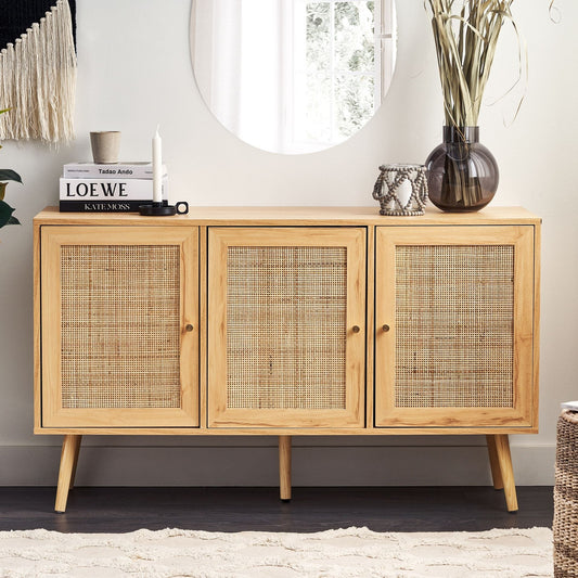 3 Door Sideboard With Rattan Front Drawers Light Brown