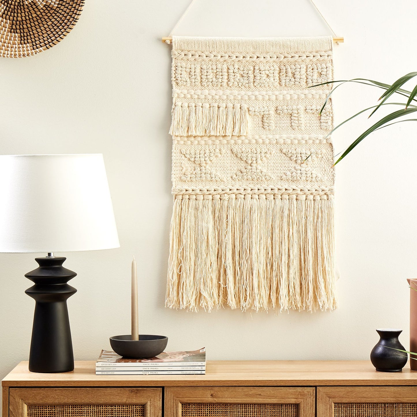 Beige Cotton Handwoven Geometric Wall Hanging With Tassels