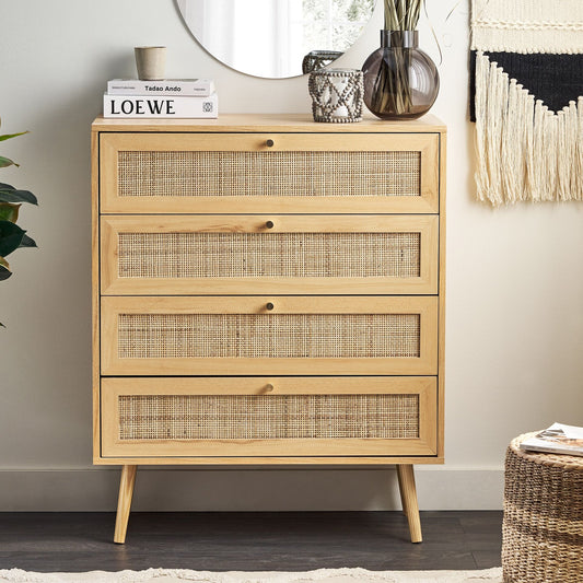 Light Brown 4 Drawer Chest With Rattan Front Drawers Boho Style Sideboard