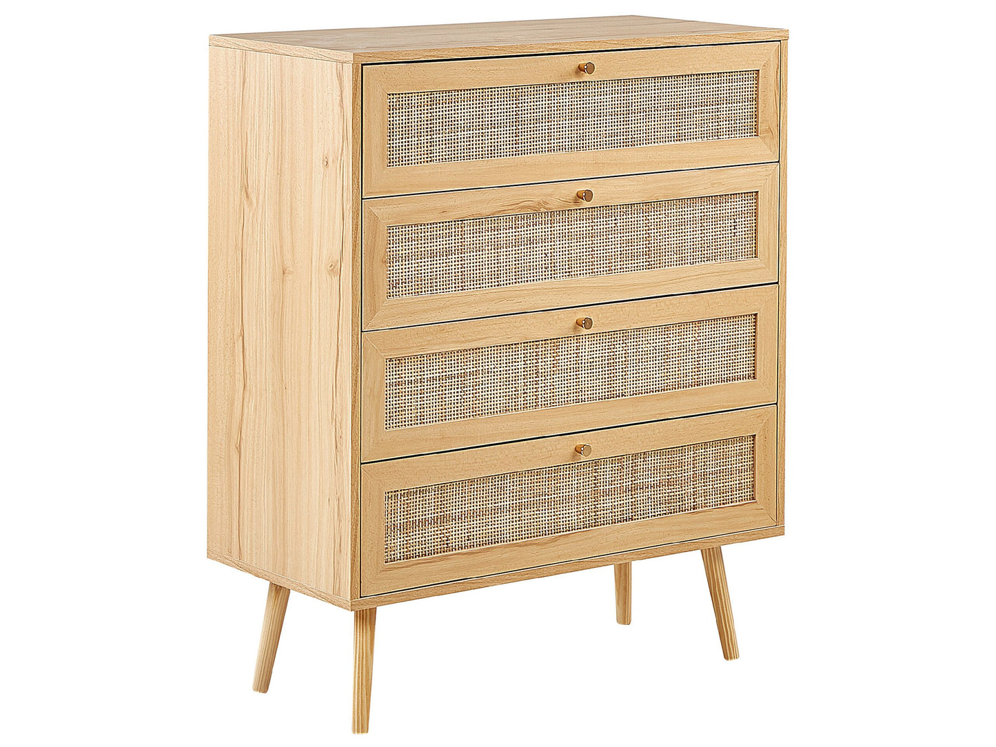 Light Brown 4 Drawer Chest With Rattan Front Drawers Boho Style Sideboard