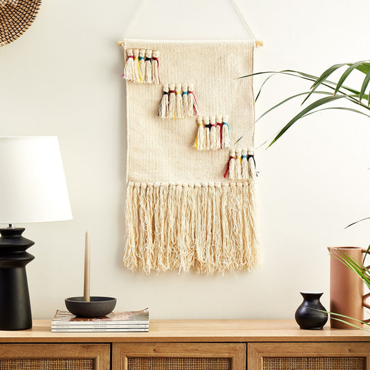 Handwoven Cotton Wall Hanging With Tassels Beige Boho Decor For Living Room