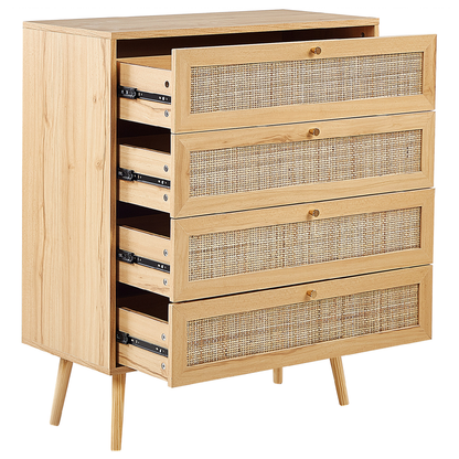 Light Brown 4 Drawer Chest With Rattan Front Drawers Boho Style Sideboard