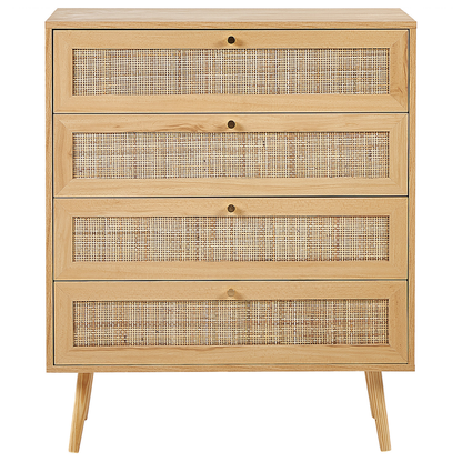 Light Brown 4 Drawer Chest With Rattan Front Drawers Boho Style Sideboard