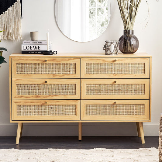 Light Brown Rattan 6 Drawer Chest Rattan Front Boho Style