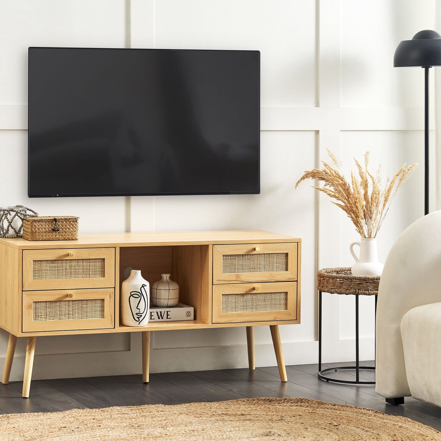 Everhome Boho Light Brown TV Stand With Rattan Fronts 4 Drawers