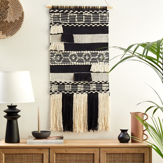 Handwoven Beige Cotton Wall Hanging with Tassels Geometric Pattern Boho Decor for Living Room