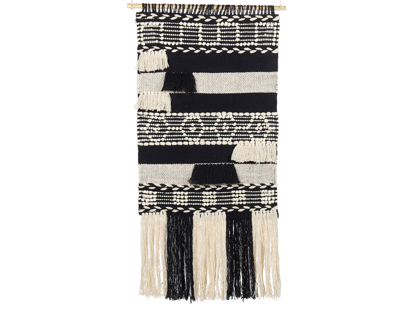 Handwoven Beige Cotton Wall Hanging with Tassels Geometric Pattern Boho Decor for Living Room