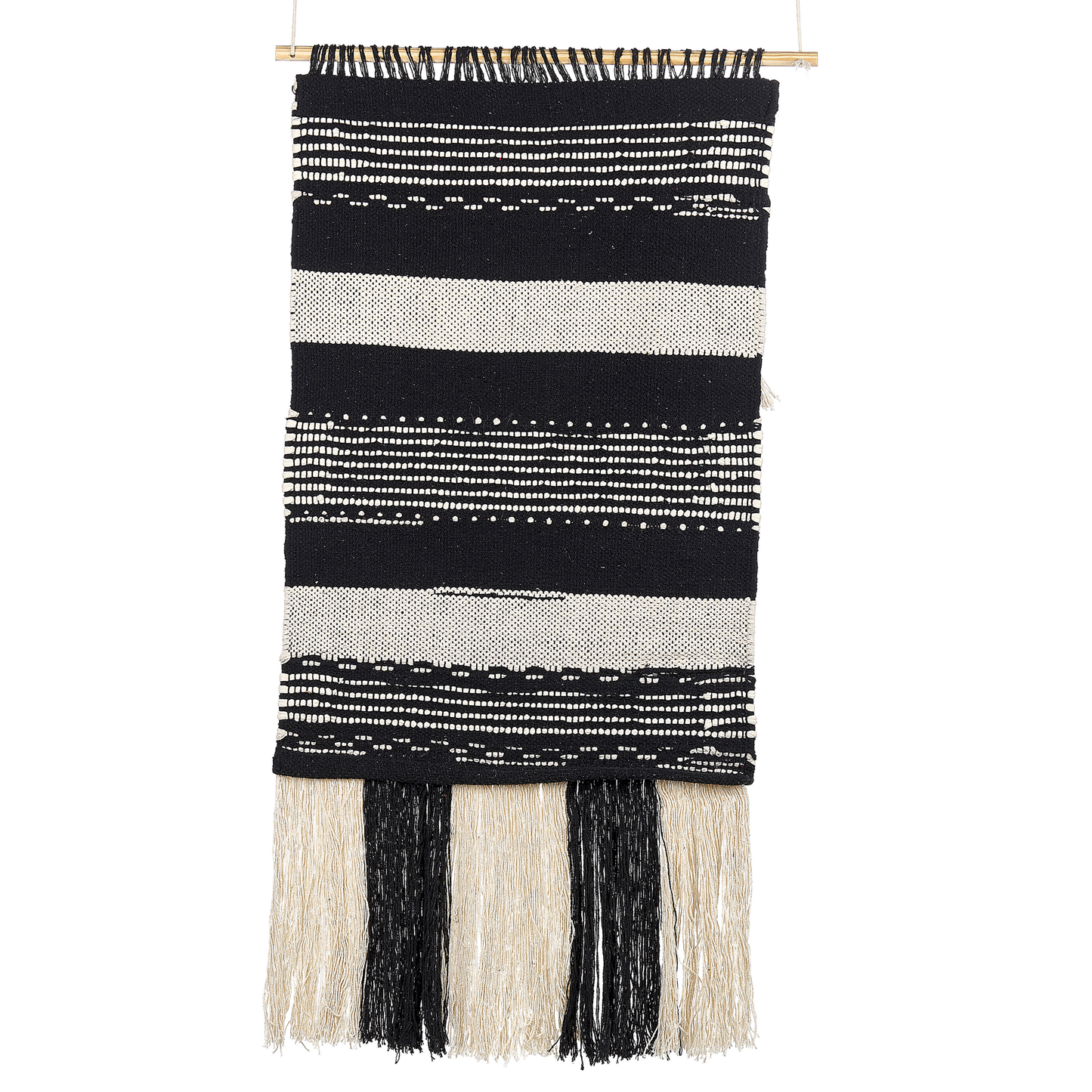 Handwoven Beige Cotton Wall Hanging with Tassels Geometric Pattern Boho Decor for Living Room
