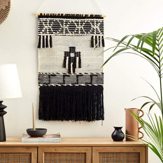Beige Cotton Handwoven Wall Hanging With Tassels Geometric Pattern Decor