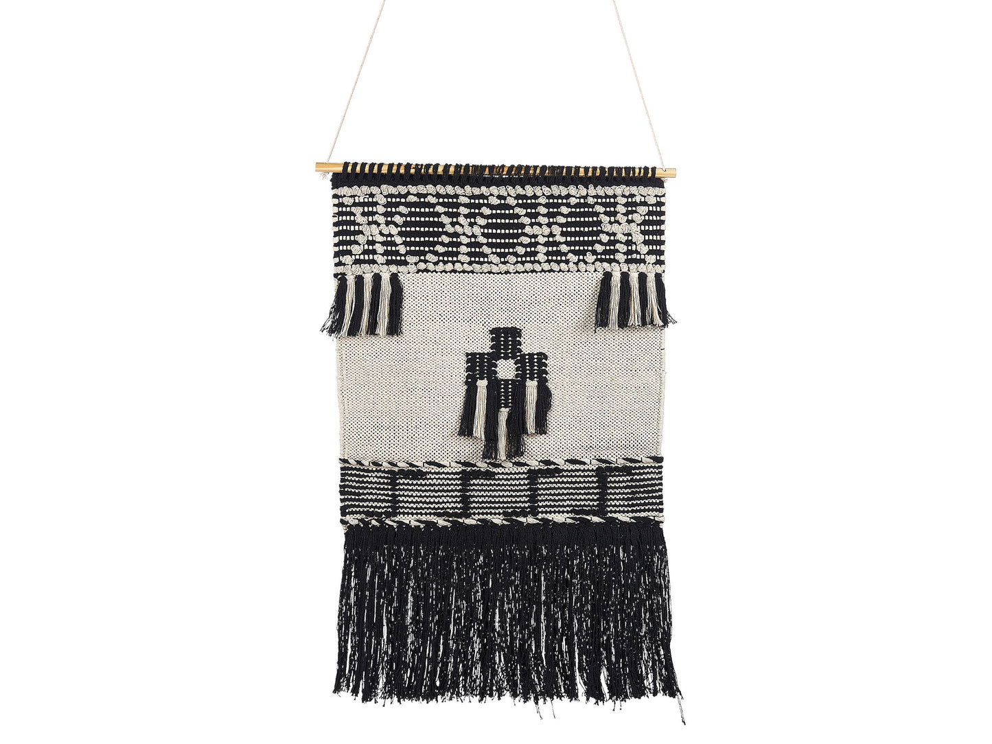 Beige Cotton Handwoven Wall Hanging With Tassels Geometric Pattern Decor