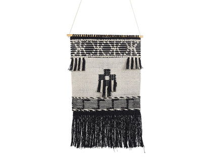 Beige Cotton Handwoven Wall Hanging With Tassels Geometric Pattern Decor