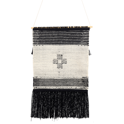 Beige Cotton Handwoven Wall Hanging With Tassels Geometric Pattern Decor
