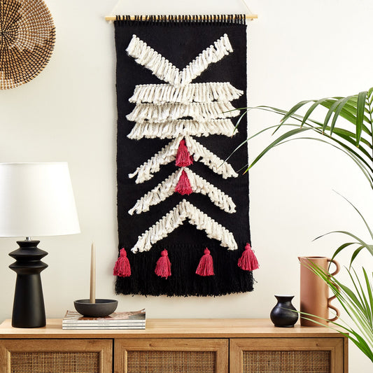Handwoven Tassel Wall Hanging Geometric Decor Black White
