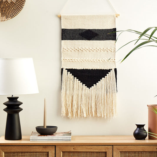 Wall Hanging Handwoven Beige Cotton With Tassels Geometric Pattern Boho Decor Living Room Bedroom