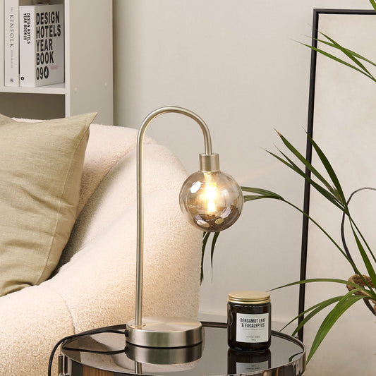 Table Lamp Silver Glass Shade Round Night Desk Light Modern Glam Design With Ambient Glow