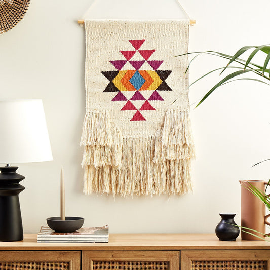 Handwoven Beige Cotton Geometric Tassels Wall Hanging