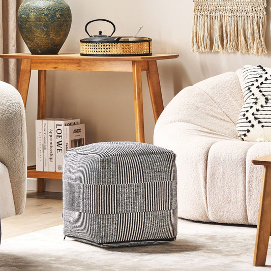 Pouffe Black White Striped Cotton With EPS Beads 40 x 40 x 40cm