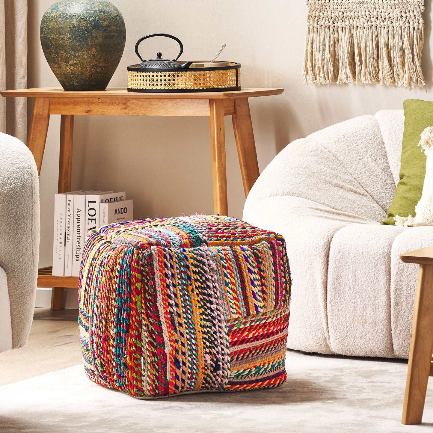 Pouffe Multicolour Cotton EPS Beads 40 x 40 x 40cm Handmade Recycled Square Ottoman Boho