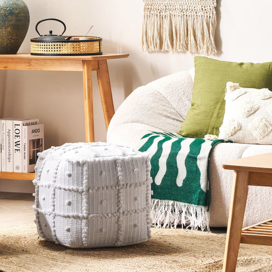 Nest Loom Pouffe White Cotton Beads 40 x 40 x 40cm Pattern Boho