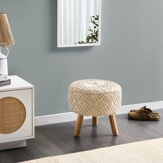 Macrame Beige Footstool With Wooden Legs 40 x 40 x 44cm