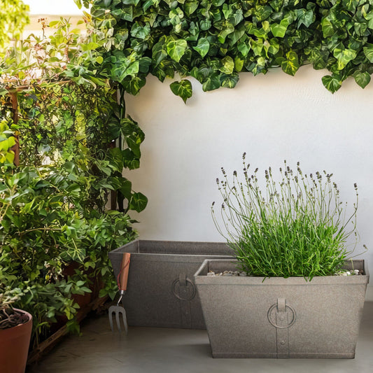 Grey Fibre Clay Planters Set Of 2 Rectangular 60 x 30cm All Weather Indoor Outdoor