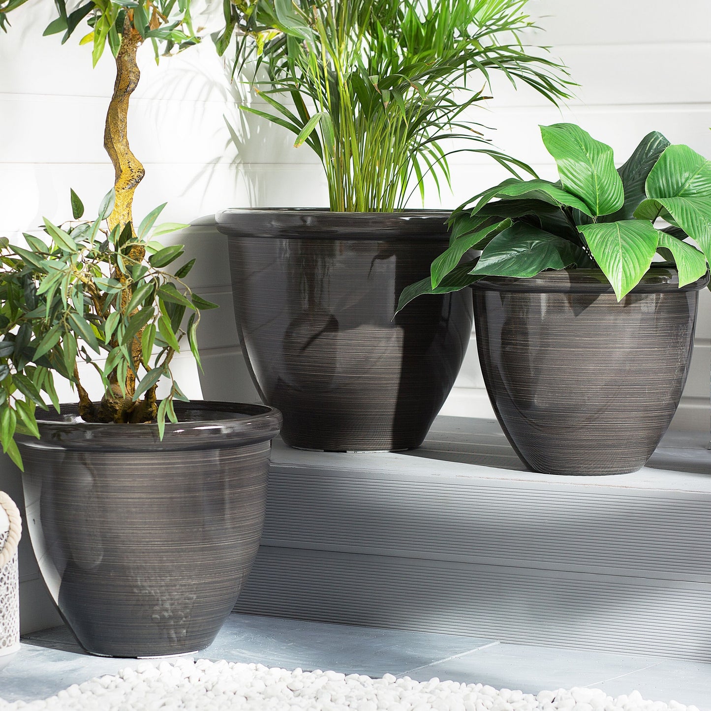 Set Of 2 Brown Polyresin Planters 44cm High Gloss