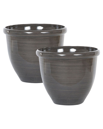 Set Of 2 Brown Polyresin Planters 44cm High Gloss